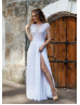 Cap Sleeves White Lace Chiffon Slit Airy Wedding Dress